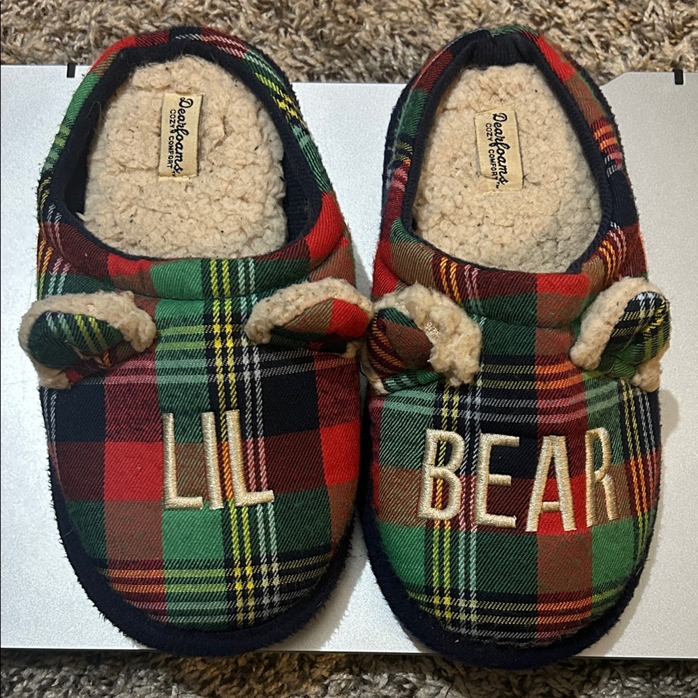 Dearfoams Red and Green Plaid Lil Bear Slippers
